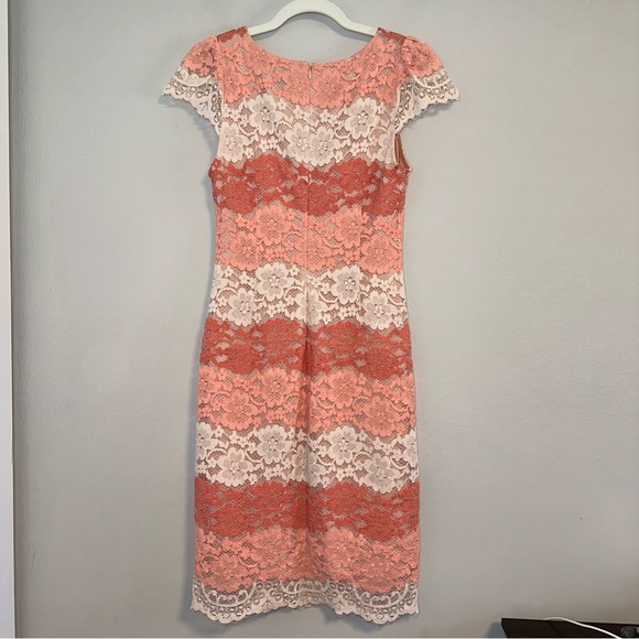 Erin Fetherstone - Lace Stripes Pencil Sheath Dress Pink Coral - Picture 2 of 7